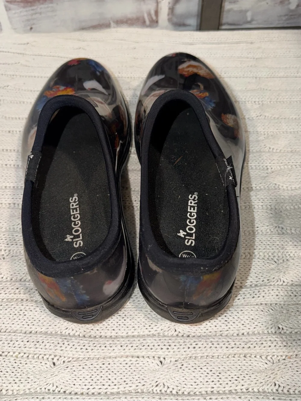 Sloggers Black Garden Clog Rain Shoes with Colorful Rooster / chicken Print